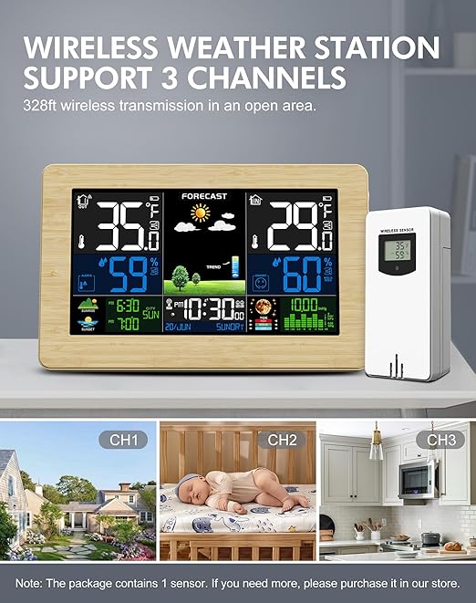Weather Station Wireless Indoor Outdoor Thermometer, Digital Thermometer with Remote Sensor, Large Display Home Weather Stations with Weather Forecast, Atomic Clock, Barometric Pressure, Moon Phase