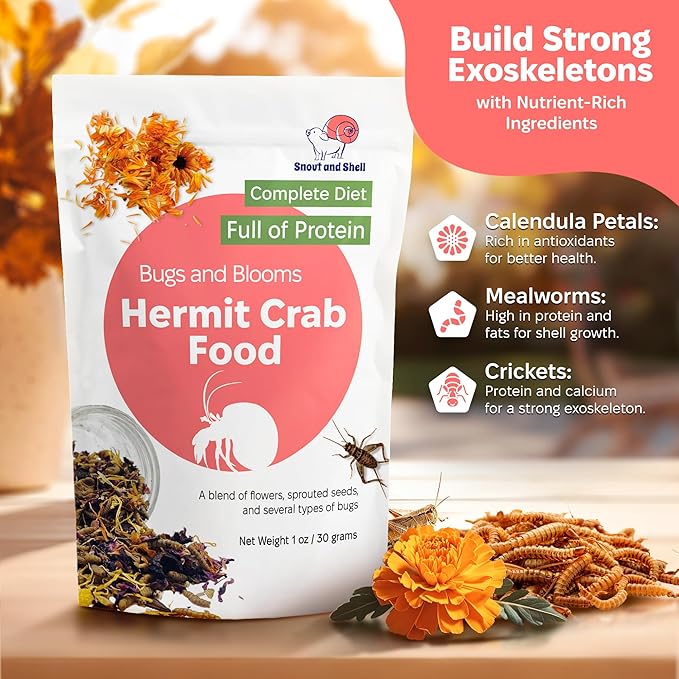 Snout and Shell Bugs and Blooms Hermit Crab Food - 1 oz - 30 Grams - Whole Food Diet for Hermit Crabs - Seeds, Bugs and More
