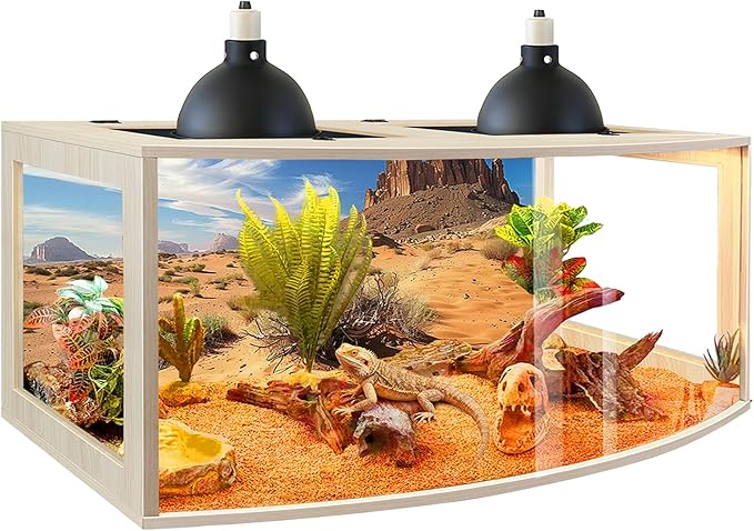 PROLEE Bearded Dragon Tank, Curved Reptile Enclosure with 3-Side Clear Acrylic Panels, Spacious Lizard Tank with Metal Mesh Top and Lockable Door for Reptile Habitat (Oak, 48" Length,80 Gallons)