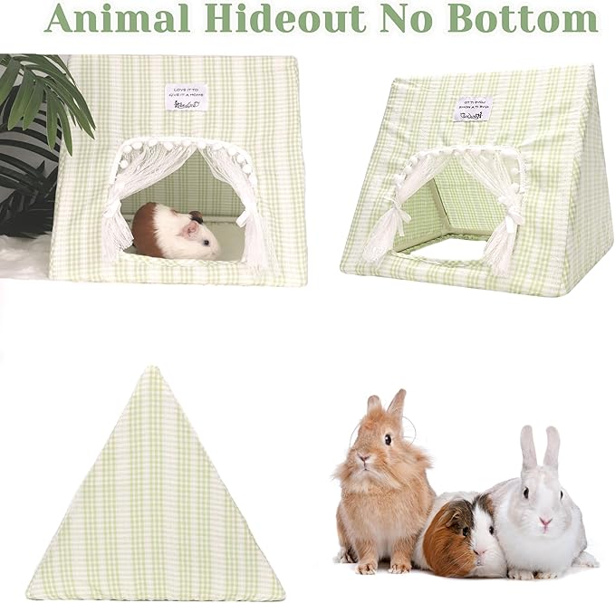 Guinea Pig Hideout Large with Curtain, Bunny Hideout, Machine Washable Guinea Pig Hide Tent Houses & Habitats, Small Animal Hideout for Pet Rabbit, Ferret, Rat, Chinchilla, Squirrel (Grid, Large)
