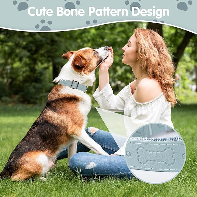 TDTOK Stylish Leather Dog Collar, Comfortable Soft PU Leather Dog Collars for Large Medium Small Dogs with Quick Metal Buckle, Adjustable Pet Collar with Cute Bone Pattern Design (Blue, M)