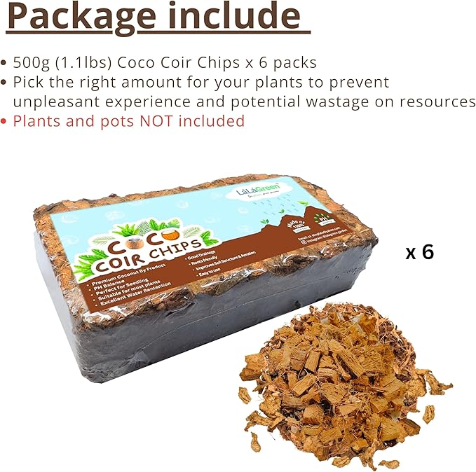 LaLaGreen Coconut Coir Chips for Plants (500g, 6 Pack) Indoor Herb Garden Seedling and Plant, Outdoor Planting Soil Vegetable Flower Orchids, Organic Compressed Coco Fiber Husk Chips Brick Peat Moss