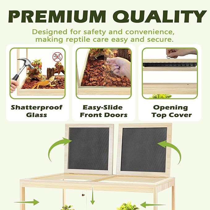 Prolee Tempered Glass Bearded Dragon Tank 63 Gallon, Lizard Tank, Reptile Tank with Metal Mesh Roof Door, Snake Tank with Lock Design, 40" Long, Oak