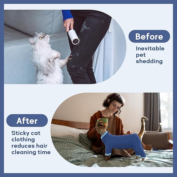 PUMYPOREITY Cat Recovery Suit, Stops Wound Licking After Surgery, Sticky Hair Shirt with Sticky Fabric, Cat Pajamas Prevents Over-Grooming, Blue, XS
