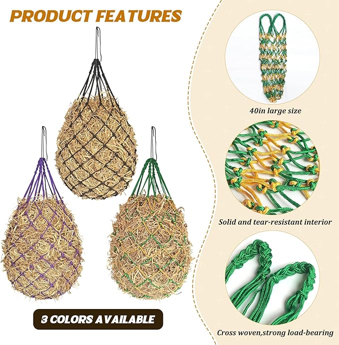 2PCS Hay Nets for Horses,2.36"x2.36" Holes 40”Horse Hay Feeder Net for Slower Feeding,Strong Load-Bearing Hay Bag Hanging for Horse Stable Trailer (Green)