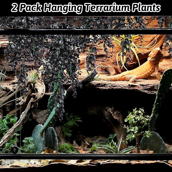 Hamiledyi 4 PCS Reptile Plants, Hanging Terrarium Plants, Artificial Leaves Habitat Decorations with Suction Cup, Fake Amphibian Plants for Bearded Dragon Lizard Hermit Crab Geckos Chameleon(Black)