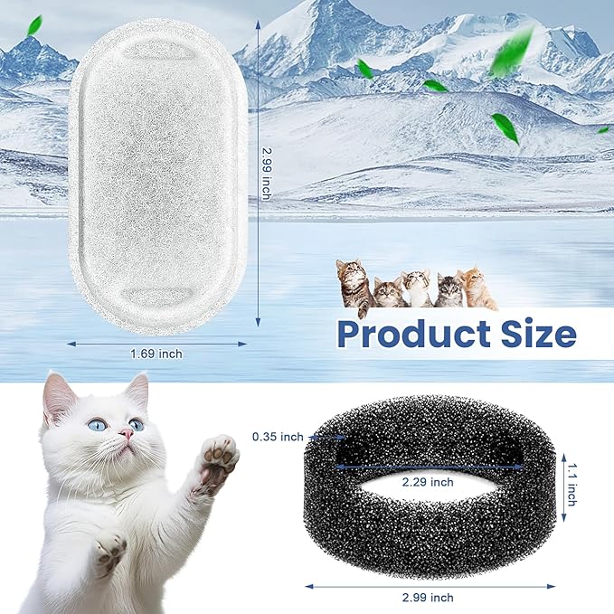 Cat Water Fountain Filter Replacement, 12 Pcs Cat Filters Pet Water Fountain Filter with 12 Pcs Sponges Foam for 67oz/2L & 108oz/3.2L Stainless Steel Automatic Cats Water Fountain Dispenser Filters