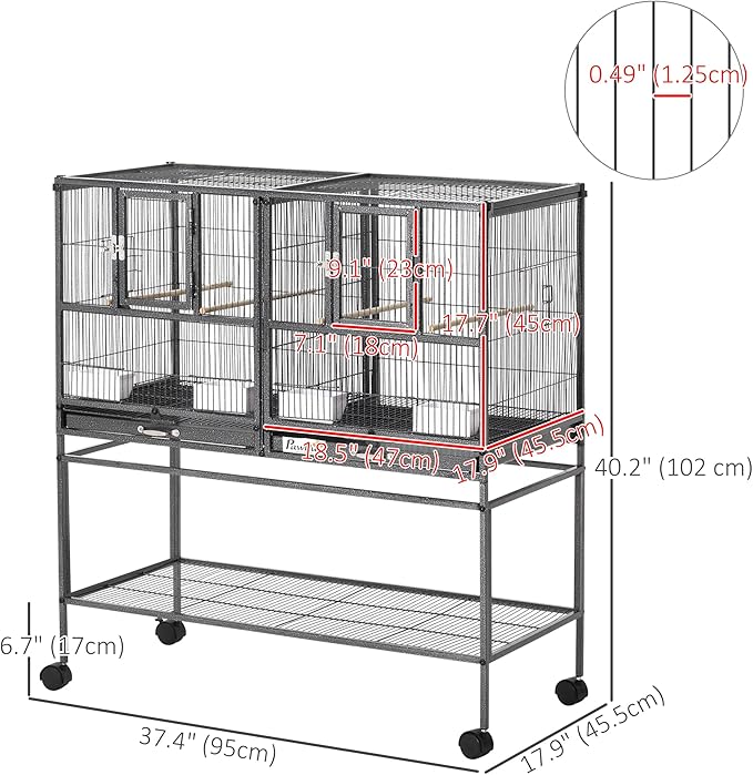 PawHut Divided Breeder Bird Cage with Rolling Stand Removable Metal Tray, Storage Shelf, Wood Perch, and Food Container