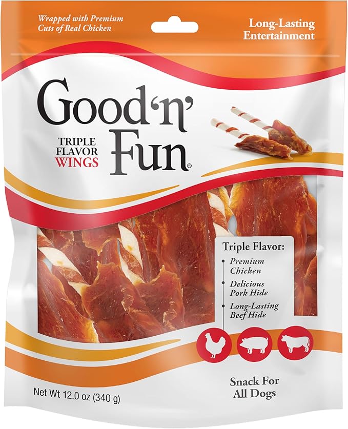 Good 'n' Fun Triple Flavor Chews for Dogs, 12 Ounces | Wings | Long-Lasting | Made with Chicken | Contains Hide
