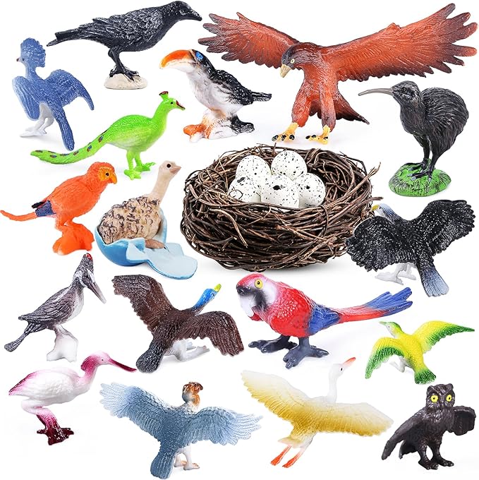 SIENON 23Pcs Birds Toys Playset, Assorted Wildlife Bird Figures with Nest, Raven, Kiwi, Ostrich, Macaw, Golden Eagle for Kids Educational Birthday Cake Décor Garden Accessories School Project