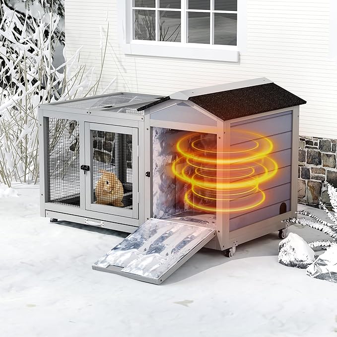 COZIWOW 39IN Heated Rabbit Hutch with Wheels, Insulated Indoor/Outdoor Bunny Cage House with Cleaning Tray, Sun Panel & Animal Pattern, Spacious Rabbit Cage for 1-2 Bunnies, (Warm Grey & Pattern)