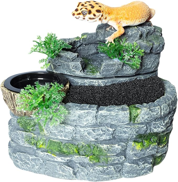 500ML Reptile Waterfall Fountain, Reptile Water Drinking Fountain for Bearded Dragons, Geckos & Lizards – Terrarium Waterfall with Feeding Bowl, Flowing Water, Natural Resin