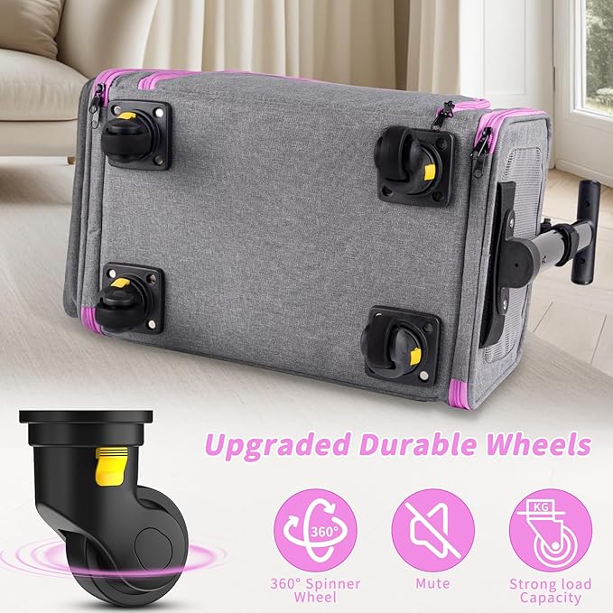 Pet Carrier with Detachable Wheels, TSA Airline Approved Rolling Cat Carrier for Small Dogs and Cats up to 15Lbs, Sturdy Frame & Smooth 360° Wheels for Travel & Vet - 18" L x 11" W x 11"