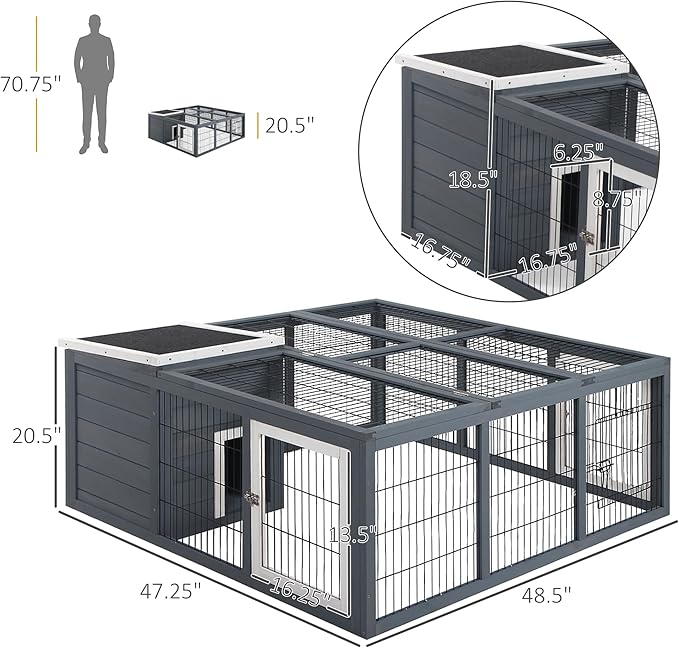 PawHut Rabbit Hutch Bunny Cage with Openable Main House, Indoor Outdoor Waterproof Rabbit House, Guinea Pig Cage for Rabbits, Chickens, Ducks, Small Animals with Three Ventilation Doors, Gray