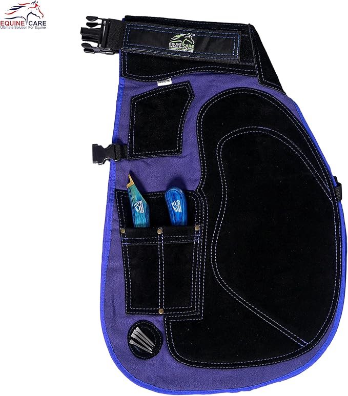 Equine Care Farrier Apron Chaps 2mm Cowhide Leather, 500 GSM Canvas, Air-Mesh, 29" Length, Adjustable Waist (28"-52"), Ergonomic Foam-Padded Thigh & Back Support, 4 Knife Pockets, 2 Nail Magnets.