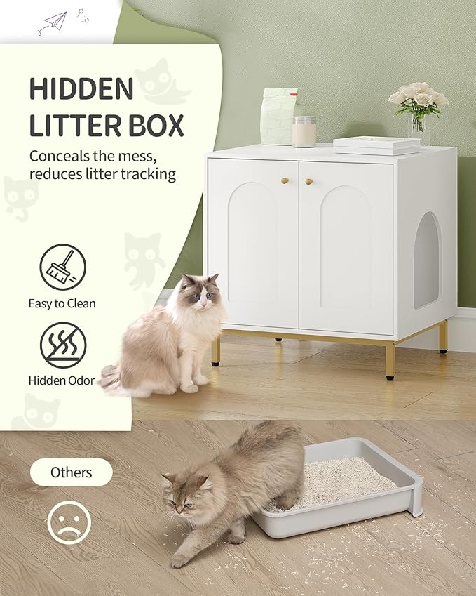 Cat Litter Box Enclosure, Hidden Litter Box Furniture Cabinet, Wooden Indoor Cat House, Side End Table, Living Room, Bedroom, White and Gold CB81203G