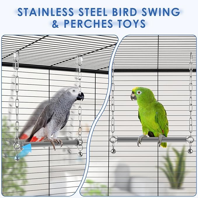 Stainless Steel Large Bird Swing, Hanging Heavy Duty Parrot Swings Perches Stand Toys with Bell, Claw Grinding Birdcage Accessories for Macaw Afican Grey Amazon Cockatoo