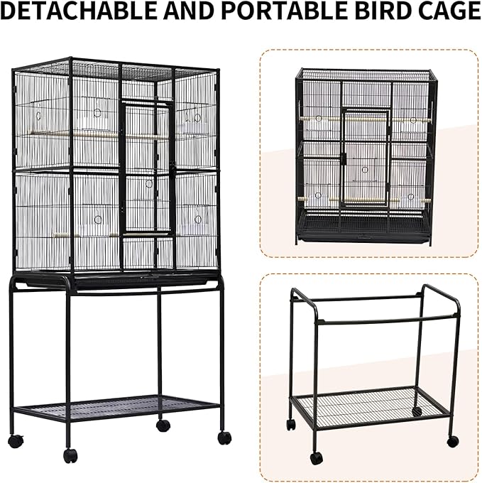 Large Bird Cage,62.6" H Big Bird Cage with Stand for Parakeets Parrots Conures Lovebird Cockatiel Black