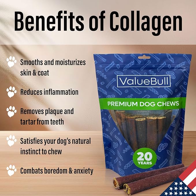 ValueBull USA Collagen Sticks for Dogs, 6 Inch Super Jumbo Chews, Natural Long-Lasting Dog Treats, 200 Count Wholesale Pack - Promotes Joint, Skin & Coat Health with Glucosamine and Chondroitin