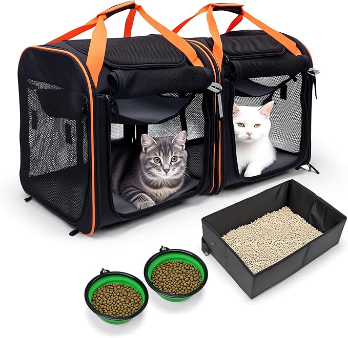Large Cat Carrier 2-in-1 with Litter Box & Bowl, Portable Cat Carrier Hard for 2 Cats, Double Cat Travel Carrier with Safety Locking Zippers, Ideal for Long Distance Trips, Outdoor Adventures