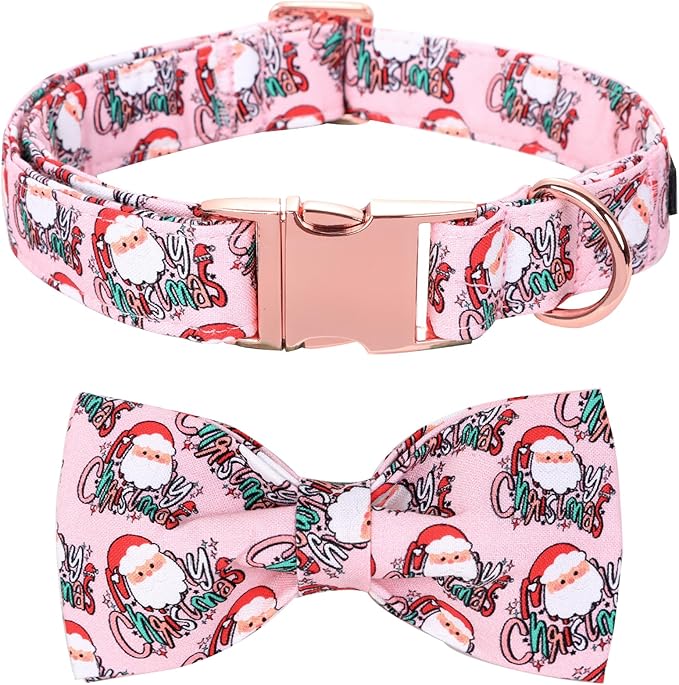 Christmas Dog Collar, Pink Christmas Santa Claus Dog Collar Bow Tie Pet Collars with Bow Adjustable Pet Collars with Premium Metal Buckle Dogs Necklace for X-Small Girl Dogs