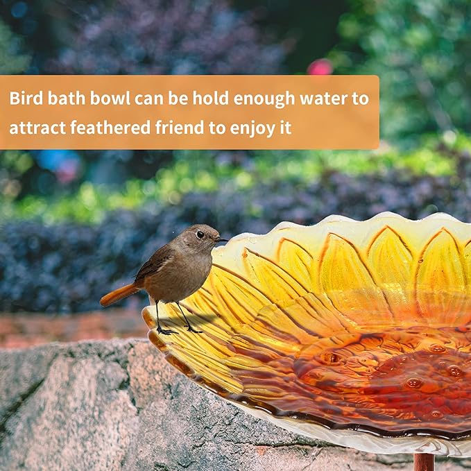 MUMTOP Glass Bird Bath, Garden Outdoor Birdbaths Birdfeeder with Metal Stake Sunflower