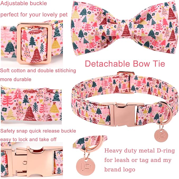 Christmas Dog Collar with Bow Tie, Pink Christmas Tree Collars for Dogs, Adjustable Pet Collar with Cute Xmas Tree Pendant, Winter Dog Accessories for Small Medium Large Dogs XS