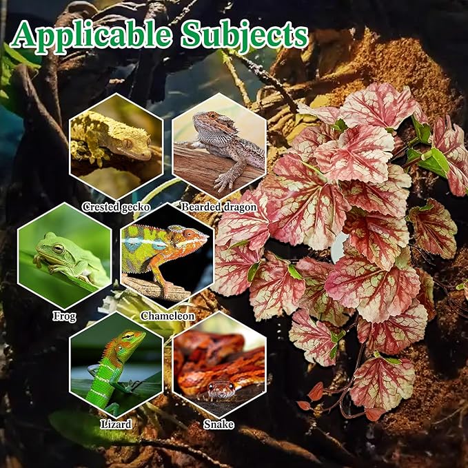 VCEPJH Reptile Plants with Suction Cup Amphibian Habitat Decor 2 Pcs Artificial Leaves for Terrarium Decor Crested Gecko Tank Accessories for Bearded Dragon, Lizard, Snake (Scarlet Saxifrage)