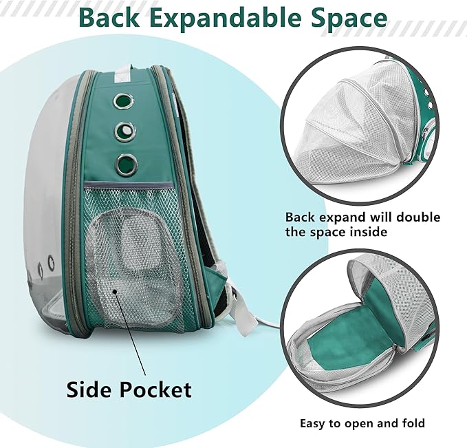 Cat Backpack Carrier Back Expandable Bubble Pet Carrier Backpack for Large Cat, Kitten and Dog, Designed for Hiking, Travelling and Outdoor Use (Back Expandable-Green)
