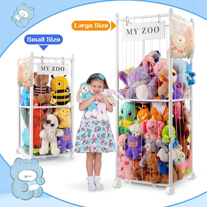 Stuffed Animal Storage Zoo with Wheels, Wooden Stuffed Animal Organizer with Elastic Cords, Space Saving Toy Plushies Storage Holder for Playroom, Bedroom, Living Room(White, Large)