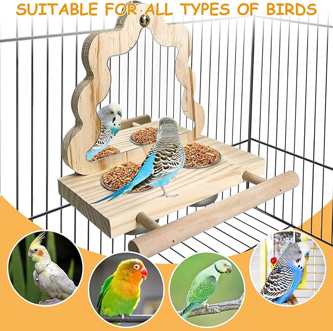 Tfwadmx Bird Parrot Wooden Feeding Cups Small Bird Feeding Dish Cups Stainless Steel Birds Bowls Food Water Bowls with Food Holder for Cockatiel Parakeet Macaw Finches Lovebirds