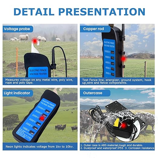 Electric Fence Voltage Tester, 10KV Fence Tester 6 Neon Indicator Lights/Fence Tester for Farms Fault Finder Portable Testing Tool