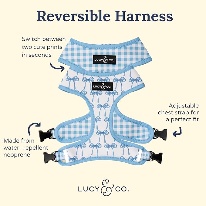 Lucy & Co. Cute Reversible Dog Harness Walking Halter - Best Designer Pet Harnesses for XS - XL Dogs - Padded Adjustable Vest for Easy Walking - X Large - White with Blue Bows
