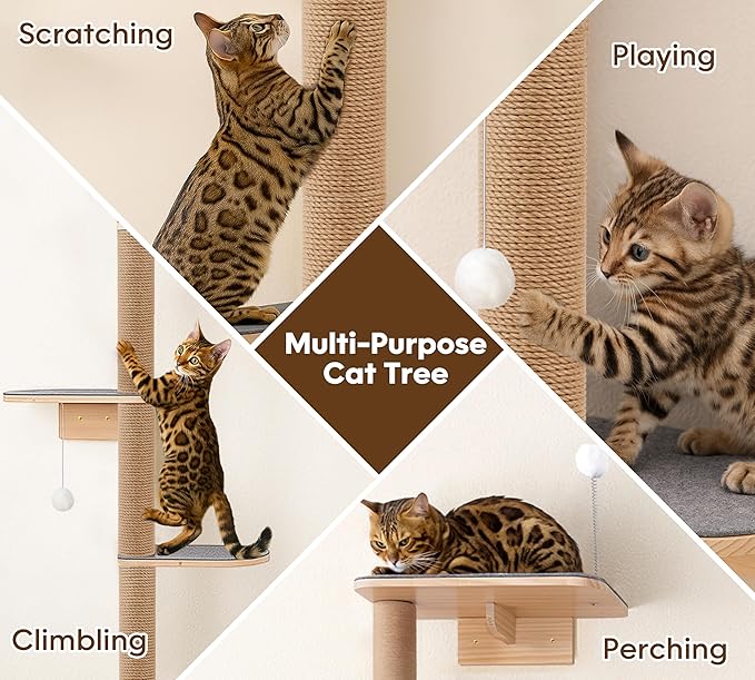 5-Tier Floor-to-Ceiling Cat Tree Tower, Upgraded Grey Felt Kittens Wall Shelves, Rotatable Platforms & 3-Inch Wall Gap, Wild Simulation Kitten Playground