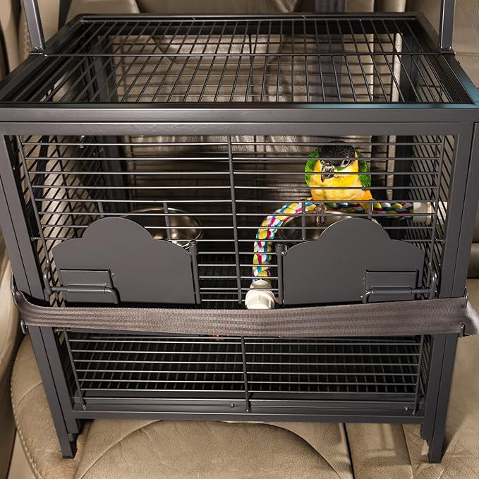 Prevue Pet Products Playtop Travel Carrier - Outdoor Travel Bird Cage for Small Parrots & Birds, Front Facing Door, Rope Perch, Lightweight & Portable, Easy Transport - Black