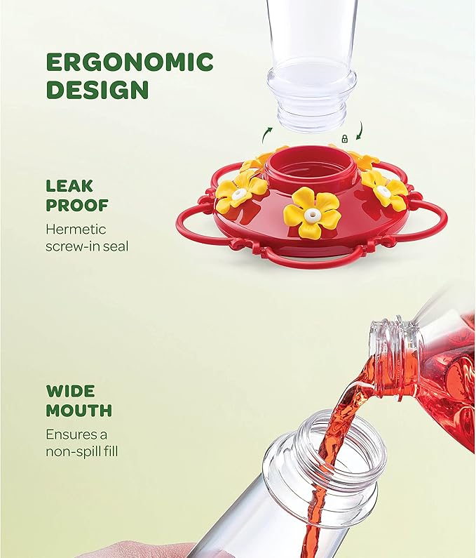 Hummingbird Feeder 10 oz [Set of 2] Plastic Feeders for Outdoors, with Built-in Ant Guard - Circular Perch with 5 Feeding Ports - Wide Mouth for Easy Filling/2 Part Base for Easy Cleaning