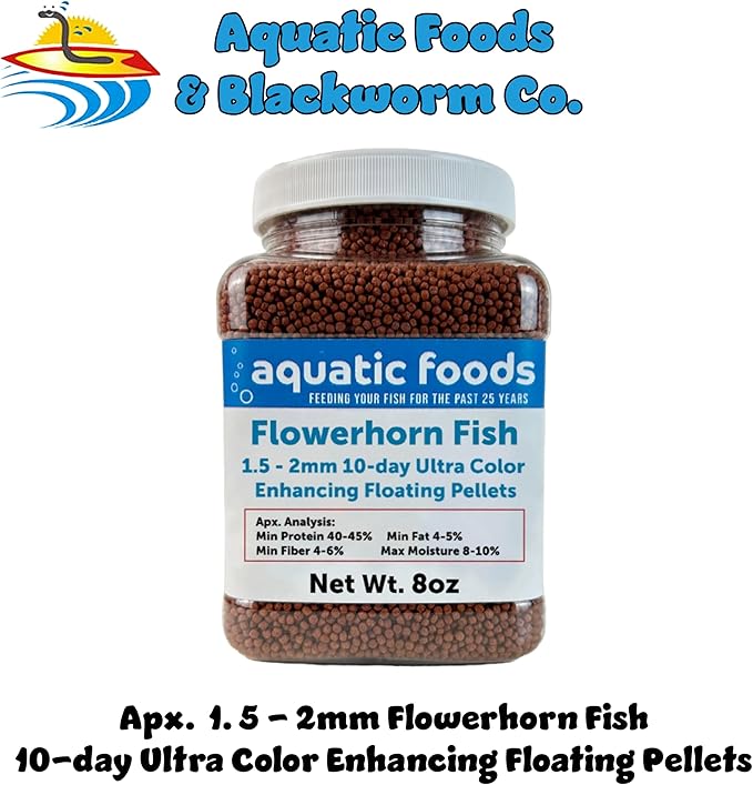 Aquatic Foods Inc. Flowerhorn Fish Ultra Red Color Enhancing 1.5mm-2mm Floating Pellets. Color Enhancing in 10-Days for Baby, Juvenile and Adult Flowerhorn…8oz Small Jar