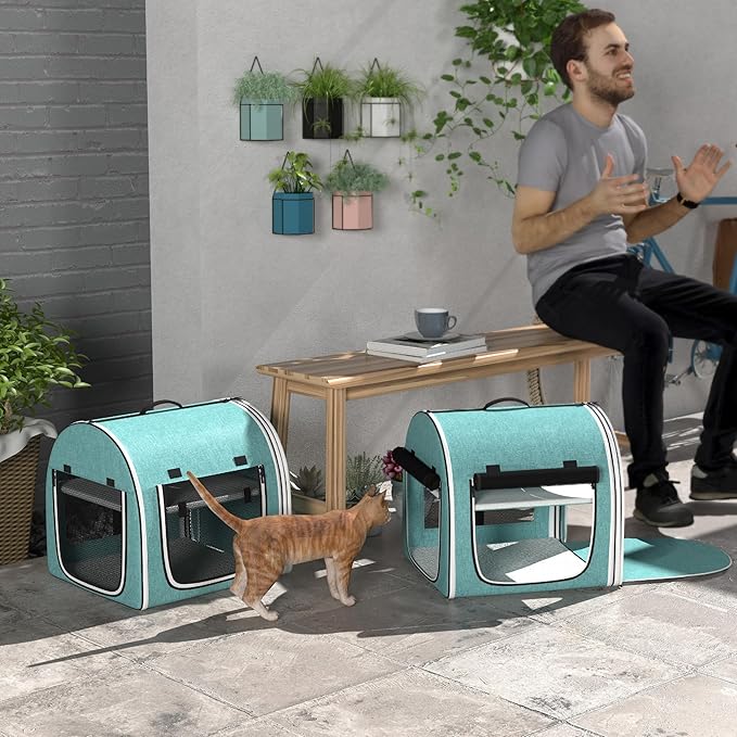 PawHut 39" Portable Soft-Sided Cat Carrier, Cat Kennel, Travel Dog Crate with Divider, Two Compartments, Soft Cushions & Storage Bag, Easy to Fold, Green