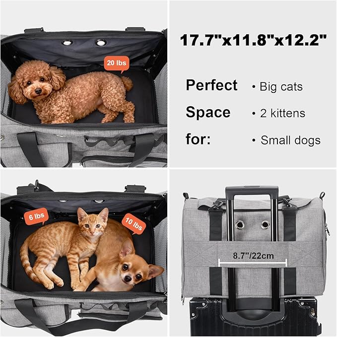 Ownpets TSA Airline Approved Large Pet Carrier, Soft Sided Cat Dog Carrier for Small Pets, Underseat, Waterproof, Foldable for Medium Big Cats 20 lbs+ & 2 Kittens/Puppies (17.7"x11.8"x12.2")