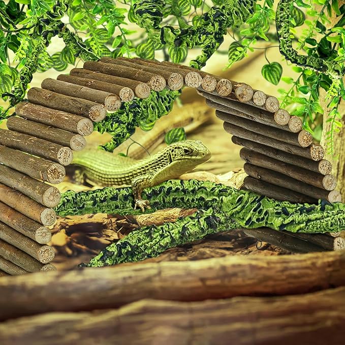 Bearded Dragon Tank Accessories, Terrarium Hanging Plant Vines Artificial Leaves Reptile Hide, Bridge Jungle Climber Reptile Vines for Snakes Bearded Dragon Chameleon Gecko Lizard