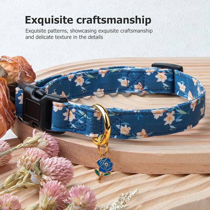 Cotton Handmade Dog Collar Cute and Distinctive Patterns Blue Tulip with Pendant for Girl Boy Dogs Collars L