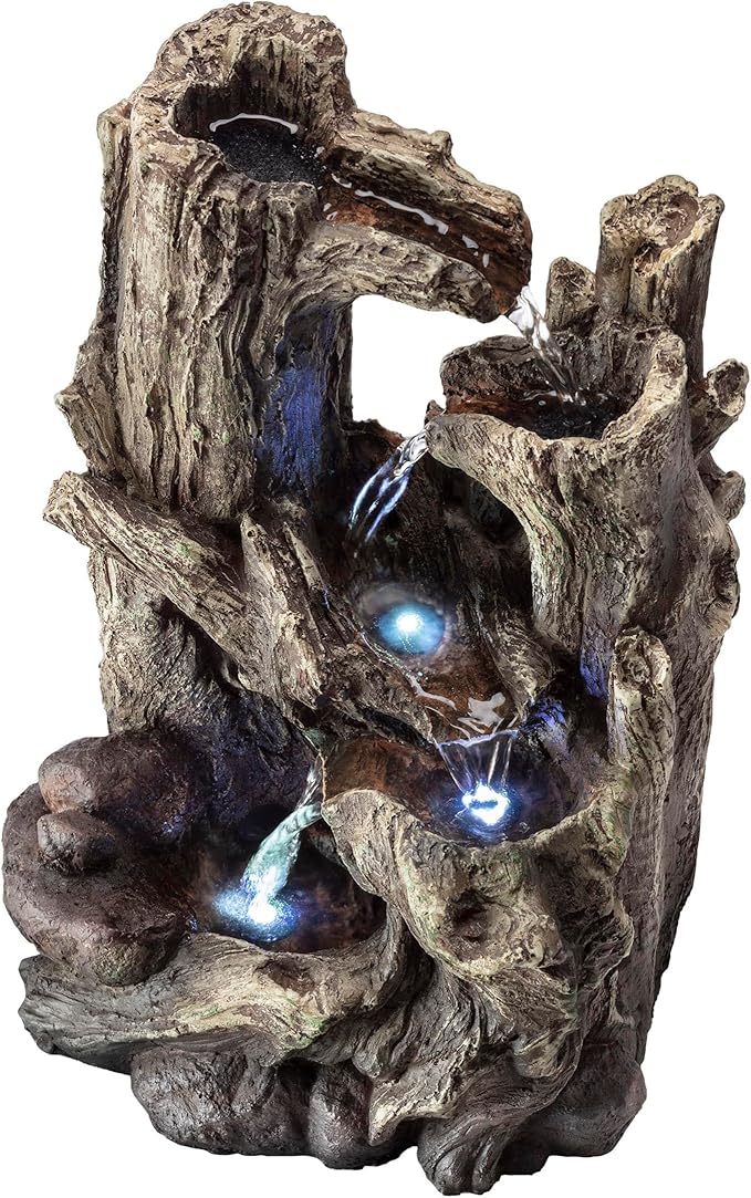 Alpine Corporation WIN786S Indoor 5 Tiered Rainforest Tree Trunk Tabletop Waterfall Fountain with LED Lights, 14" Tall, Brown