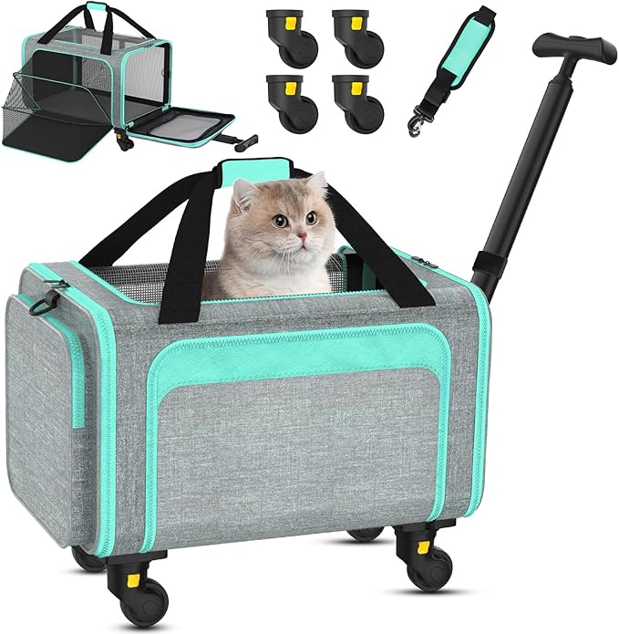 Pet Carrier with Detachable Wheels, TSA Airline Approved Rolling Cat Carrier for Small Dogs and Cats up to 15Lbs, Sturdy Frame & Smooth 360° Wheels for Travel & Vet - 18" L x 11" W x 11"