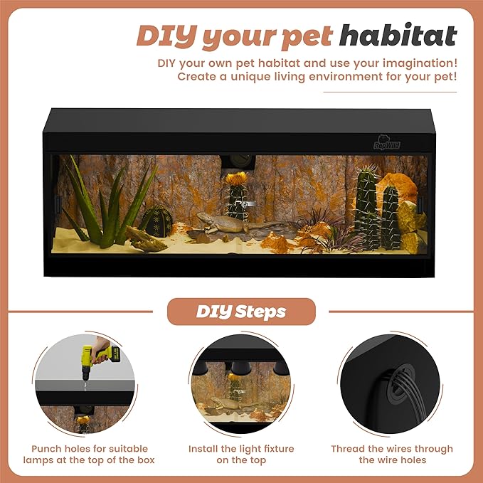 65 Gallon PVC Reptile Enclosure, RepWild 48"x18"x18" Stackable Terrarium/Tank with Dual Side Ventilation Mesh, Removable Glass Doors & Lock for Bearded Dragons, Ball Python, Geckos, Lizards