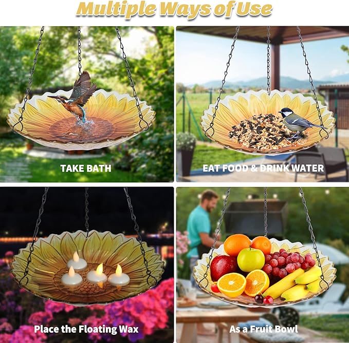 MUMTOP Hanging Bird Bath Outdoor, Sunflower Glass BirdBaths & Birdfeeder with Water Ripple Rim 11 Inch for Garden Yard Patio Decor