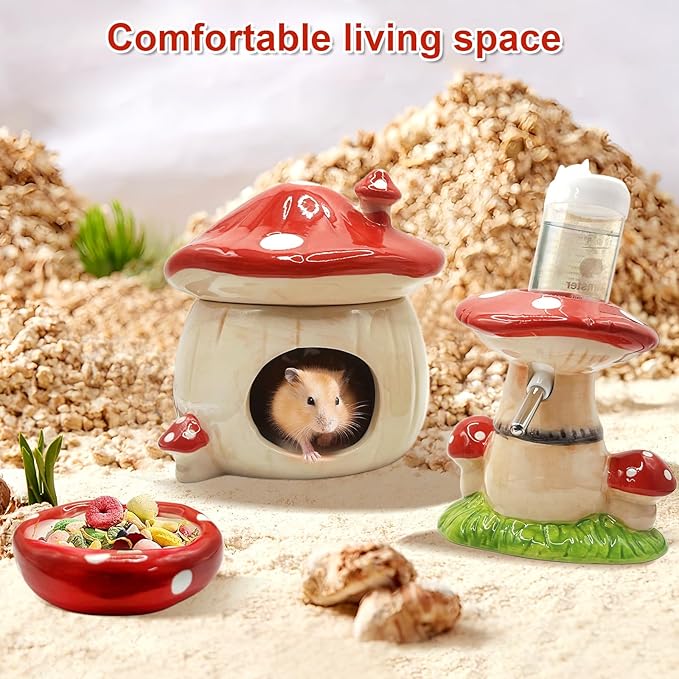 Mushroom Ceramic Hamster Hideout, Water Bottle with Stand, Food Bowl, Hamster Accessories (red)
