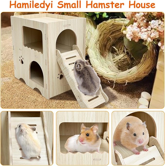 Hamiledyi Wooden Hamster Hideout Maze Double Layers Hamster Hut Small Animal Activity Toy with Ladder for Dwarf Hamster Gerbil Mouse Mice and Other Similar Sized Animals