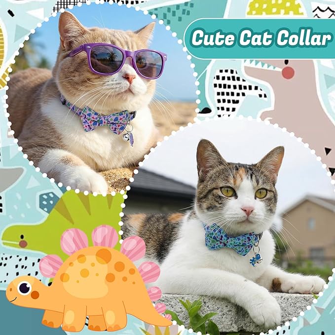 4 Pcs Breakaway Cat Collar with Bow Tie and Bell Dinosaurs Cat Kitten Collar with Removable Bowtie Adjustable Safety Collars for Boy Cats