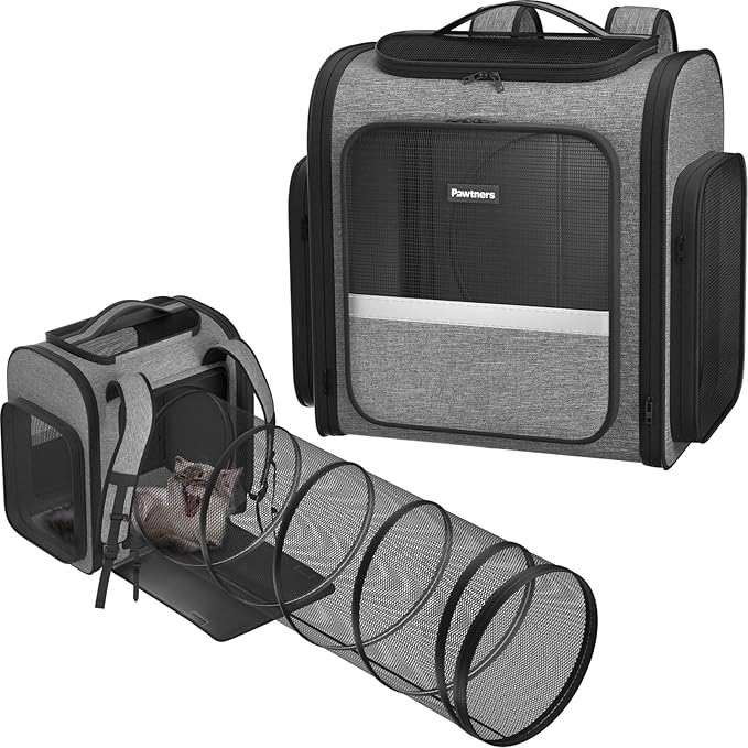 Pawtners Cat Carrier Backpacks with Play Tunnel, Expandable Cat Backpack with Breathable Mesh, Pet Carrier Backpack for Small Cats Dogs Up to 18 Lbs, Dog Backpack for Travel Hiking Camping Outdoor