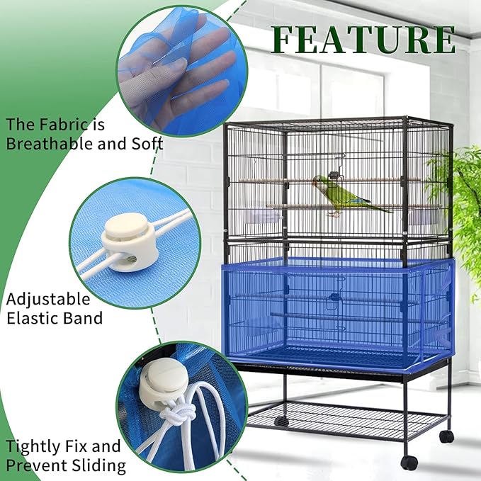 Daoeny Large Bird Cage Cover, Bird Cage Seed Catcher, Adjustable Soft Airy Nylon Mesh Net, Birdcage Cover Skirt Seed Guard for Parrot Parakeet Macaw African Round Square Cages (Blue)